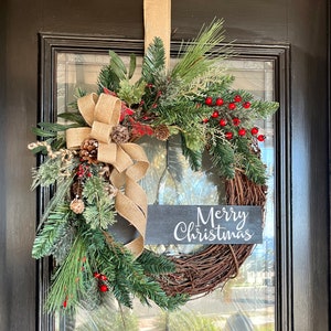 Rustic Christmas Door Wreath with Burlap Ribbon, Mixed Pine, Berries and a Merry Christmas Sign 24"