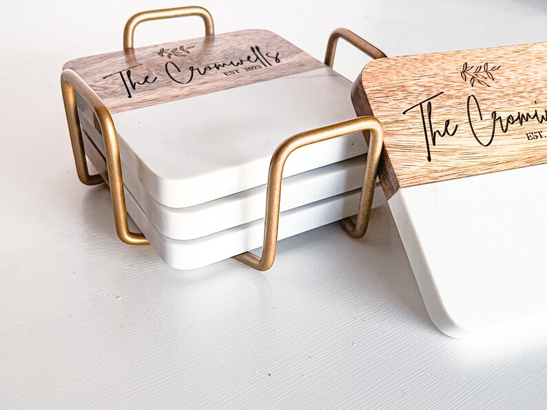 Custom Coasters with Holder | Unique Wedding Gifts for Couples 2024 | Housewarming Gifts New Home | Personalized Gift