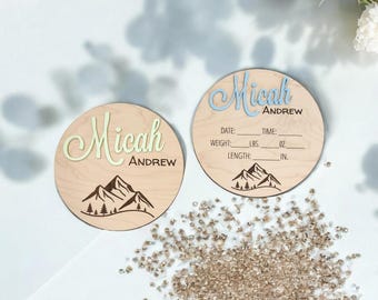 Baby Stats Sign, Name Announcement Reveal, Monthly Milestones, Personalized Hospital Sign, Mountains Theme