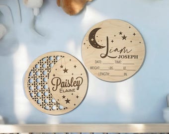 Moon and Stars Baby Stat Sign, Personalized Name Reveal, Maple Plywood