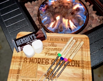 Personalized S'mores Board with Retractable Sticks Cutting Board Engraved Rubberwood Camping