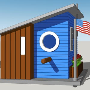 May include: A blue birdhouse with a brown wooden door and a white window. The birdhouse has a round opening and a perch. An American flag waves from a pole, and a planter box with red flowers is attached.