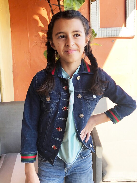 Girls Jean Jacket With Stripe Appliqué and Bumble Bee Gems Etsy