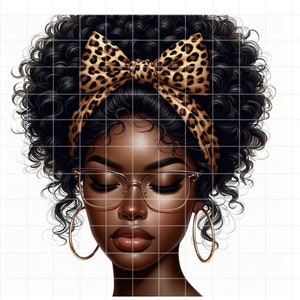 May include: A digital illustration of a Black woman with curly hair wearing a leopard print headband, glasses, and gold hoop earrings. Her eyes are closed and she is looking down.