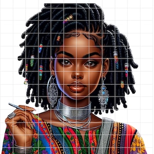 May include: A portrait of a young woman with dark brown skin and long black dreadlocks. She is wearing a colorful patterned shirt, silver jewelry, and has a pen in her hand.