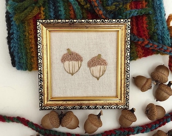 Acorn Pair Embroidered Art, Minimalist Autmun Shelf Decor, Acorns Framed Small Fall Art, Unique Textile Wall Art, Nature Home Decor