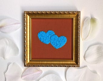 Hand Embroidered Blue Hearts in Gold Frame, Unique Textured Needlework, Anniversary Gift for Couple, Miniature Textile Art, Heart Home Decor
