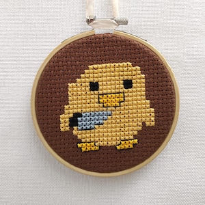 Cute Chick With A Knife, Mini Cross Stitch,  Cute Yellow Bird, Cross Stitch Mini Hoop, Embroidery Handmade Animal, Decor Bird Lover Gift