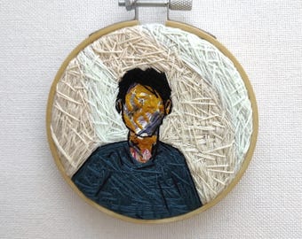 Male Faceless Portrait, No Face Abstract Decor, Mixed Media Wall Art, Handmade Decor in a Hoop, Gift for Him, Surreal Person Wall Decor