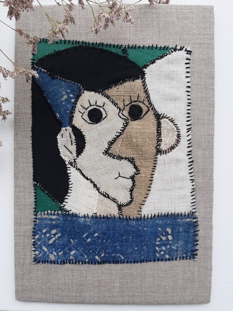 Abstract Male Portrait Embroidered Fabric Man Textile Art Abstract ...