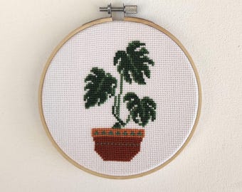 Monstera Cross Stitch Art, Tropical Plant Embroidery, Home Decor