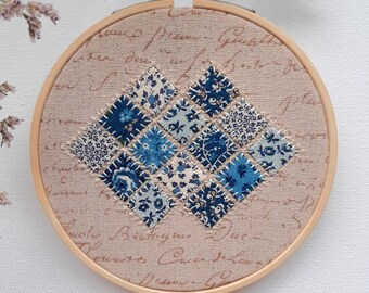 Patchwork Wall Art, Blue Fabric Mosaic, Small Abstract Quilt, Collage 5 Inch