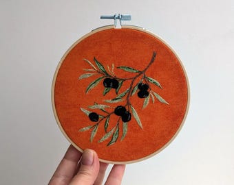 Olive Branch Embroidery Hoop Art, Terracotta Wall Hanging, Botanical Hand Embroidered Decor 5 Inches