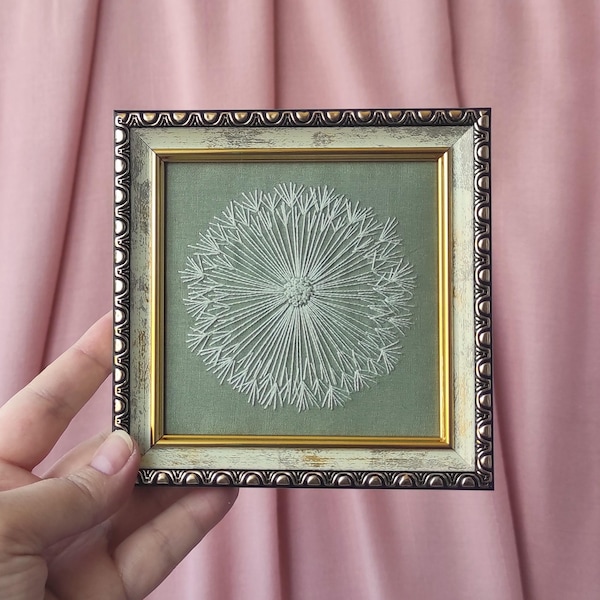 Dandelion Flower, Saga Green Wall Art, Pastel Abstract Embroidered Art, Botanical Cottage Core Decor, Small Kitchen Shelf Decor 4 - 4 Inches