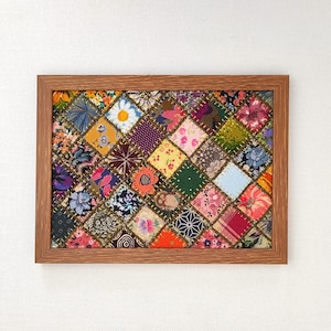 Patchwork Decor, Textile Wall Art, Wall Hanging Floral Fabric Collage, Small Patchwork Quilt Framed 5-7 Inch, Aesthetic Cabin Room Decor