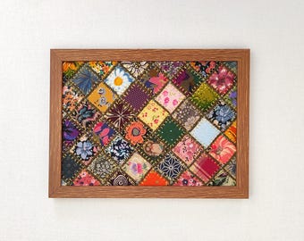Floral Fabric Collage, Small Patchwork Quilt Framed, Textile Wall Art  5-7 Inch