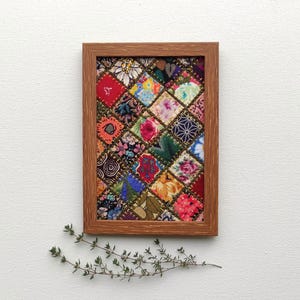 Textile Wall Art, Colorful Patchwork Fabric Collage, Framed Artwork (4-6 Inches)