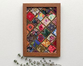 Textile Wall Art, Colorful Patchwork Fabric Collage, Framed Artwork (4-6 Inches)
