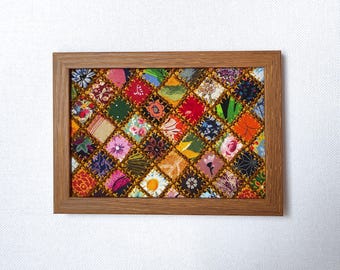 Framed Patchwork Fiber Art, Hand-Stitched Quilted Textile Decor