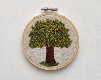Hand Stitched Tree Embroidery Hoop Art, Forest Green, Nature Decor (4 Inches)