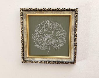 Saga Green Geranium Leaf, Pastel Abstract Botanical Art, Embroidered Leaf Kitchen Wall Art, Minimalist Wall Shelf Decor Framed 4-4 inches