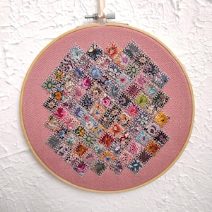 Patchwork Blocks In A Hoop, Floral Ornament Hand Sewn, Readymade Patchwork Quilt, Textile Wall Decor, Color Quilt Art 7.5 Inch, Textile Art