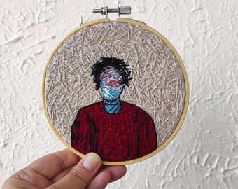 抽象的な顔の油絵：シュールな男性の肖像画、現代アート（9.8x13.7