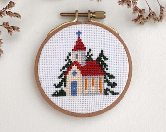 Church Cross Stitch Art, Small Handmade Christian Gift, Christmas Ornament in a Hoop, Winter Decor Church with Christmas Tree 3 inches