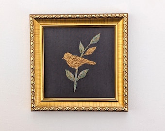 Gold Bird Embroidery Framed Wall Art,  Original Textile Golden  Decor, Handmade Home Decor 4 Inches