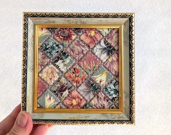 Framed Patchwork Wall Art, Vintage Fabric Quilt Textile Art, Boho Chic Home Decor, Handmade Floral Fabric Mosaic Picture, Cottagecore Gift