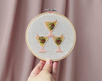 Martini Art, Hand Embroidered Cocktail Decor, 5" Hoop Art
