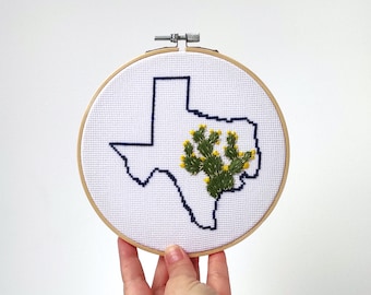 Texas State Map Cross Stitch, Prickly Pear Cactus, Embroidered Hoop Decor