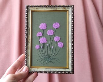 Pink Allium, Pastel Flowers, Saga Green Wall Art, Embroidered Art for Flower Collection, Sweet Gift for Her, Textile Wall Decor in 5-7 Inch