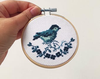 Turquoise Bird Embroidery Hoop: Handmade Cross Stitch Wall Decor
