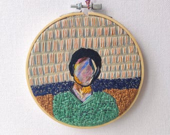 Embroidered Male Portrait, Abstract Face, Handmade Hoop Art (5 inch)