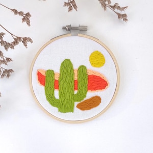 Colorful Cactus Embroidery Hoop, Finished Embroidered Minimalist Desert Art, Funny Southwest Wall Decor, Texas Sunset, Textile Landscape