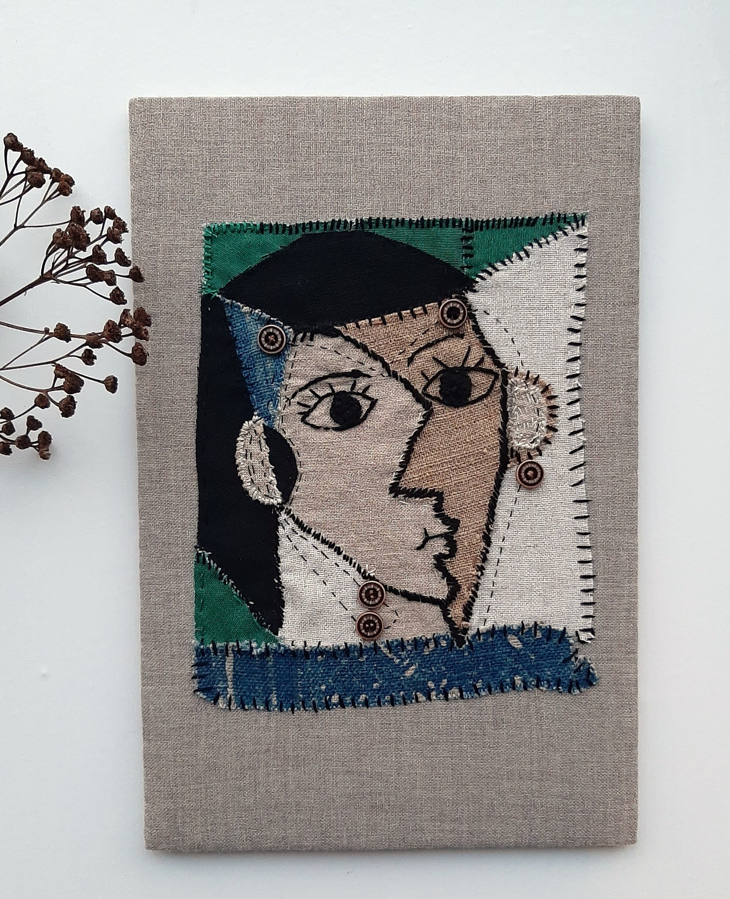 Abstract Male Portrait Embroidered Fabric Man Textile Art Abstract ...