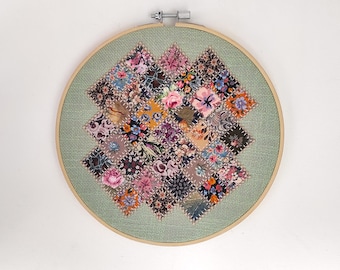Floral Patchwork Quilt Hoop Art, Handmade Cottagecore Decor