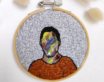 Abstract Male Portrait, Handmade Acrylic Embroidery in Hoop