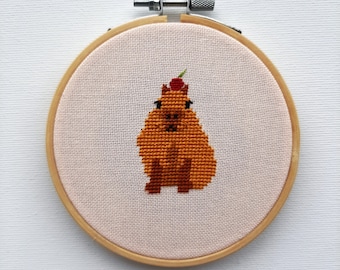 Funny Capybara Cross Stitch, Miniature Hand Embroidery Hoop Art, 4 inch