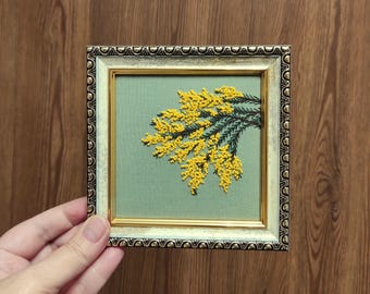 4"x4" Mimosa Flower Embroidered Art, Finished Plant Embroidery, Yellow Accent Wall Decor, Small Yellow Flower Decor, Unique Gift For Mom