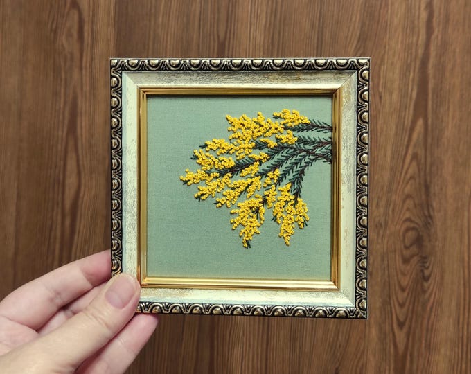 4"x4" Mimosa Flower Embroidered Art, Finished Plant Embroidery, Yellow Accent Wall Decor, Small Yellow Flower Decor, Unique Gift For Mom