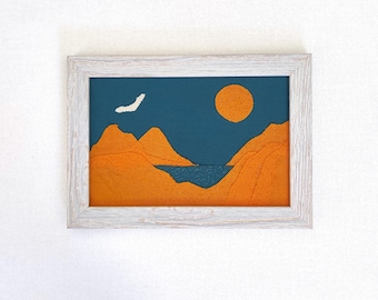 Textile Mountain Landscape Art: Turquoise & Yellow, Minimalist Decor