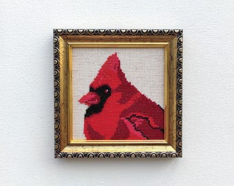 Cardinal Bird Embroidered Art, Small Nature Wall Decor, Unique Home Accent Hand Embroidery In Gold Frame 4 - 4 inches