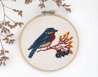 Bluebird Embroidery, Autumn Cross Stitch, 5-inch Hoop