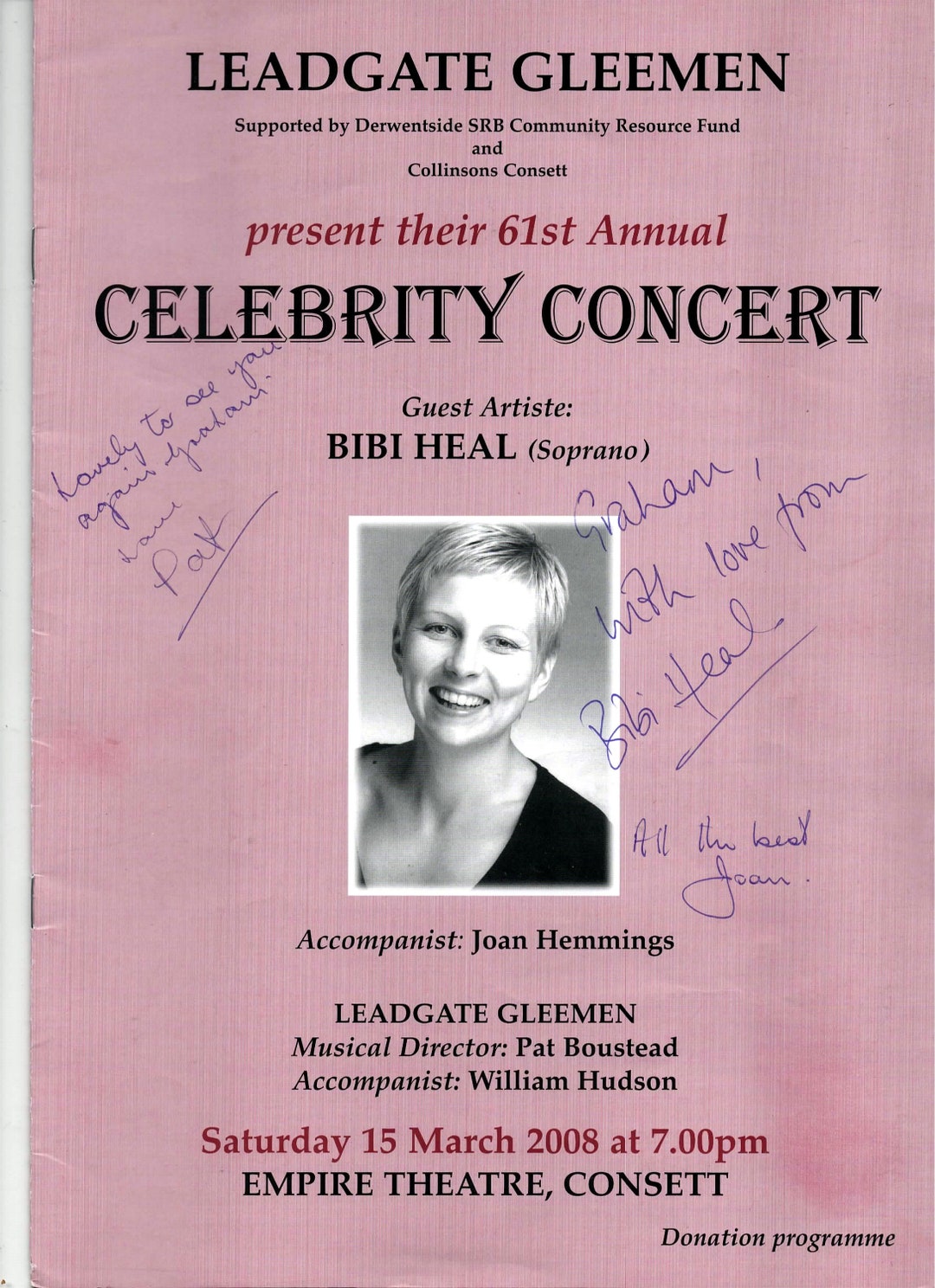 Signed - Leadgate Gleemen 61st Annual Celebrity Concert March 2008 ...