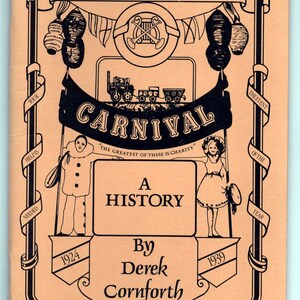 May include: A black and white illustration of a book cover with the title "The Railwaymen's Effort: A History" by Derek Cornforth. The cover features a carnival scene with a train, a clown, and a girl.