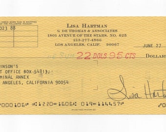 Lisa Hartman signed cheque. Knots Landing actress. 1978.