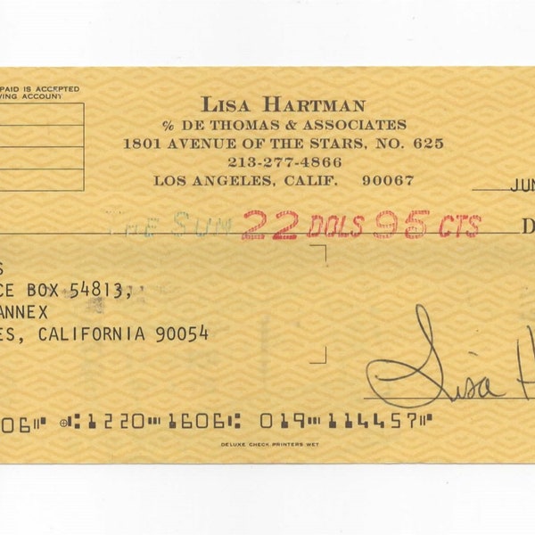 Lisa Hartman signed cheque. Knots Landing actress. 1978.