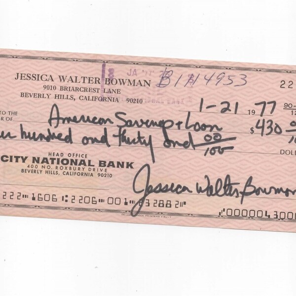 Original - Jessica Walter Bowman signed cheque. January 1977.